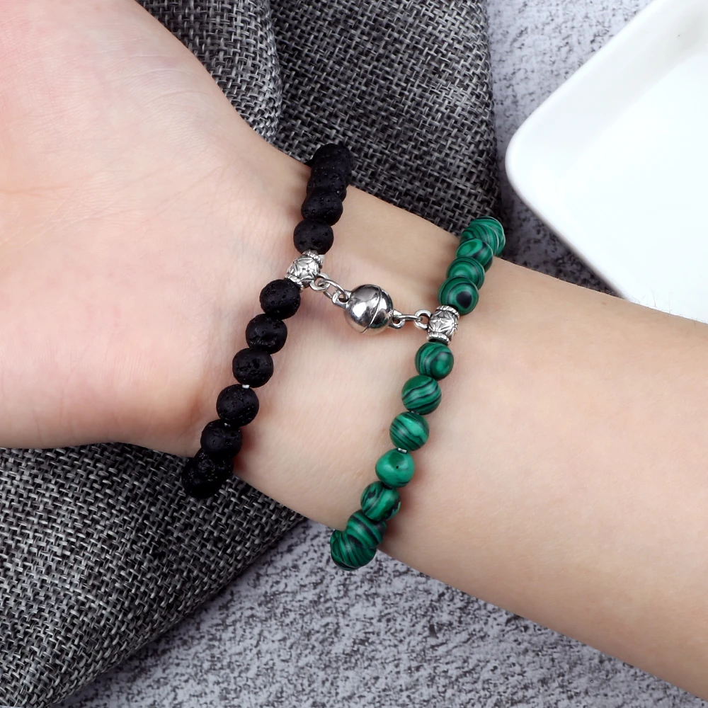 2Pcs/Set Couples Magnet Pendant Bracelet 6MM Lava Stone Spacer Natural Stone Bangles Handmade Meaningful Pulsera Gift New