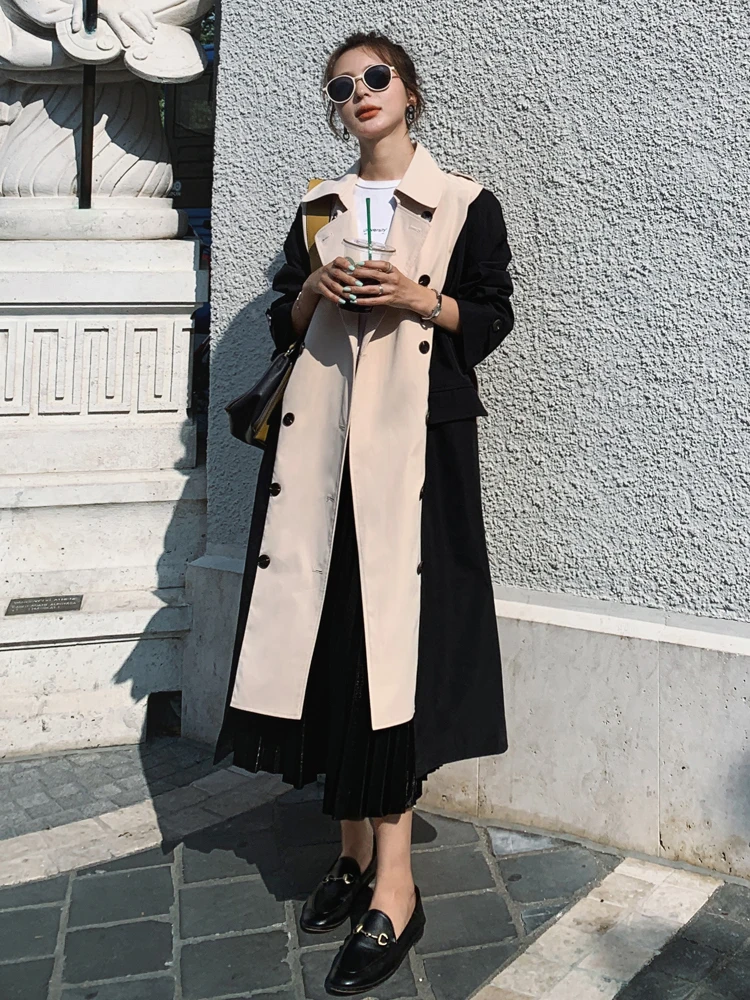 Женский Тренч длинное пальто двубортный черный-хаки Windcheater плащ с поясом с отложным воротником Женская верхняя одежда мода