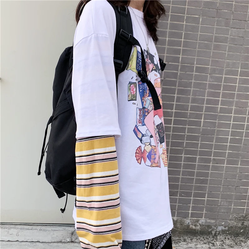 Корейская женская Винтажная футболка с забавным мультяшным принтом ins Harajuku с длинными рукавами, модная свободная повседневная женская футболка с круглым вырезом