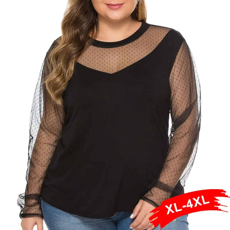 Прозрачная блузка в горошек размера плюс, 3XL 4XL, женские сексуальные черные топы с круглым вырезом и длинным рукавом, женские блузки