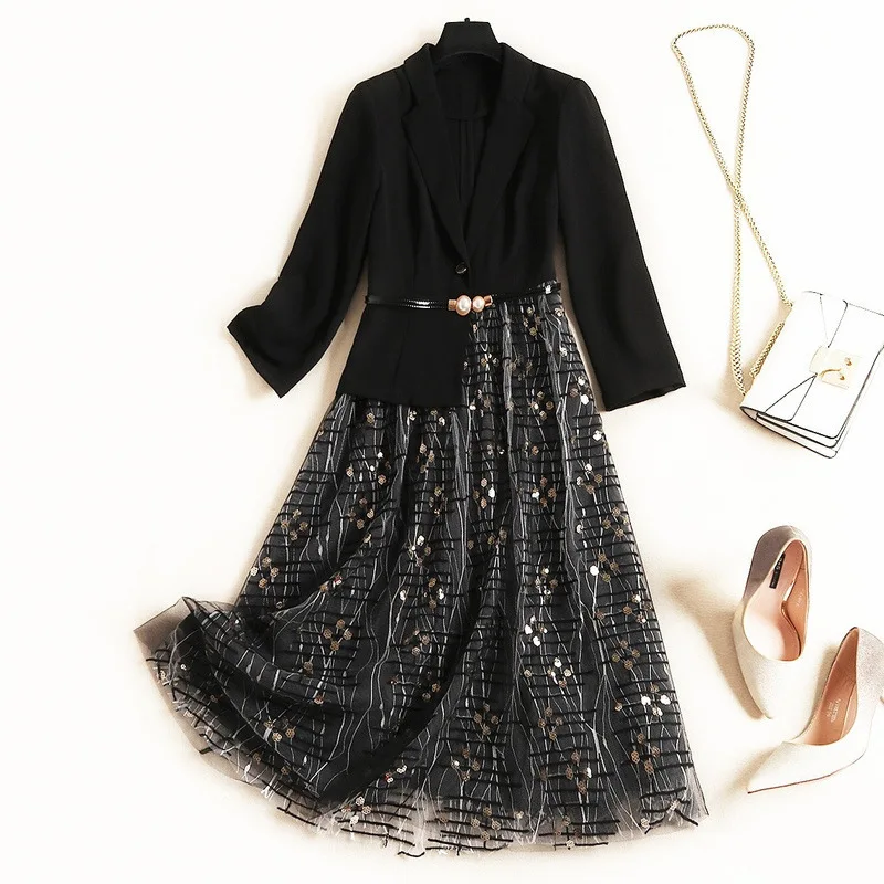 

2019 Autumn Korean Fashion Ol V Neck Wrist Sleeves Suit Sashes Stitching Plus Size Black Mesh Sequins Striped Dress Women