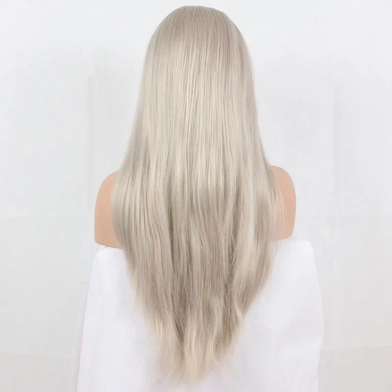 Bombshell Платиновый серебристый серый синтетический парик на кружеве длинные прямые термостойкие волокна волос средний пробор для женщин парики