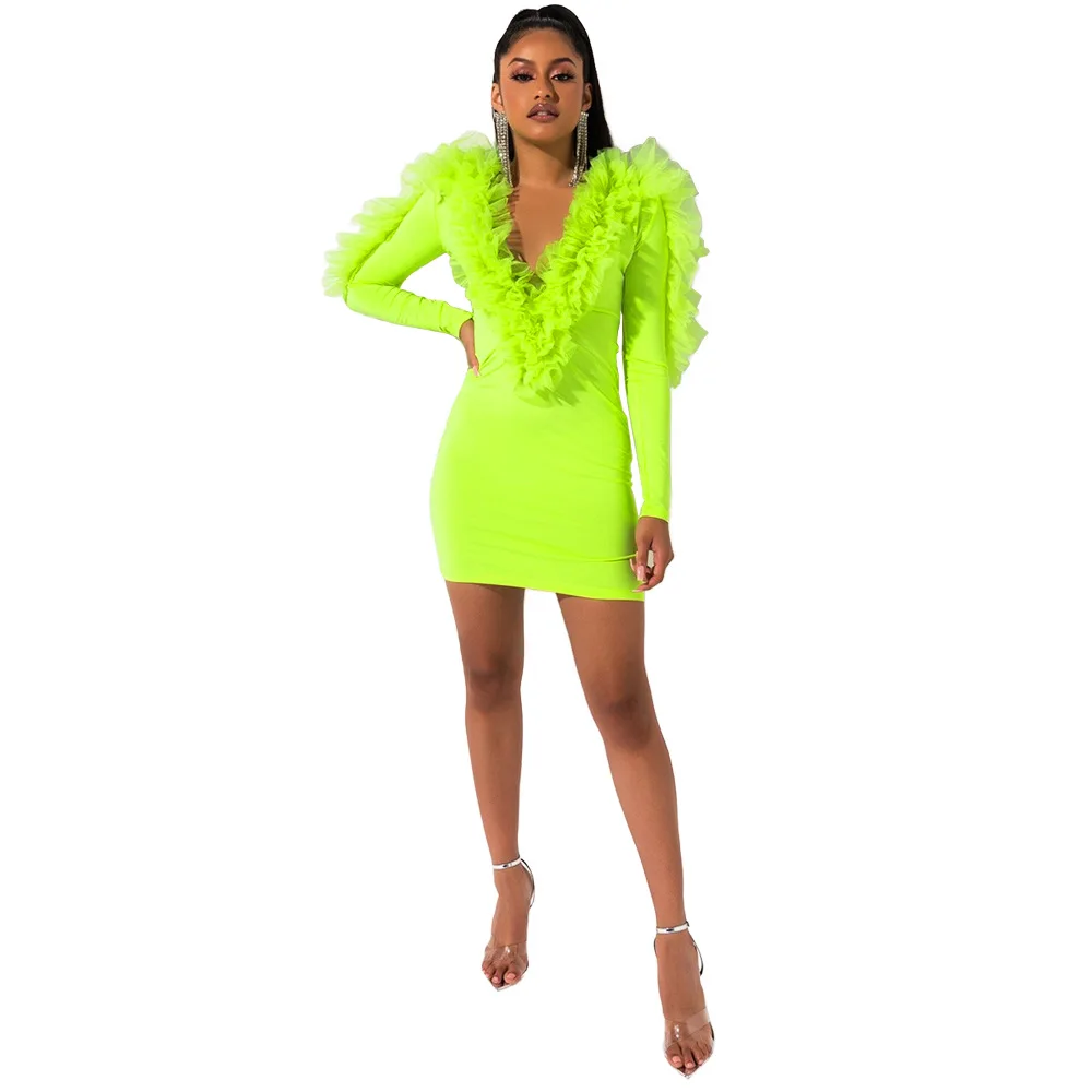 

Autumn Ruffle Layered Dress Women Sexy Mini Dresses Club 2019 Office Lady Spliced Pencil Party Dress Mesh V Neck Full Sleeve
