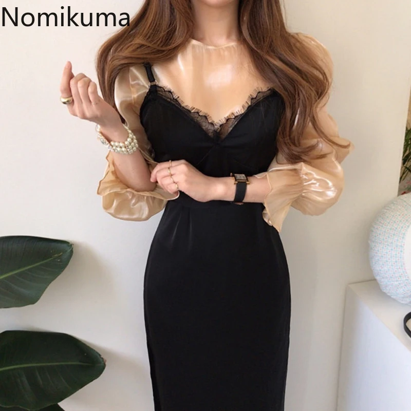 Nomikuma корейский стиль комплект из двух частей женское кружевное лоскутное платье
