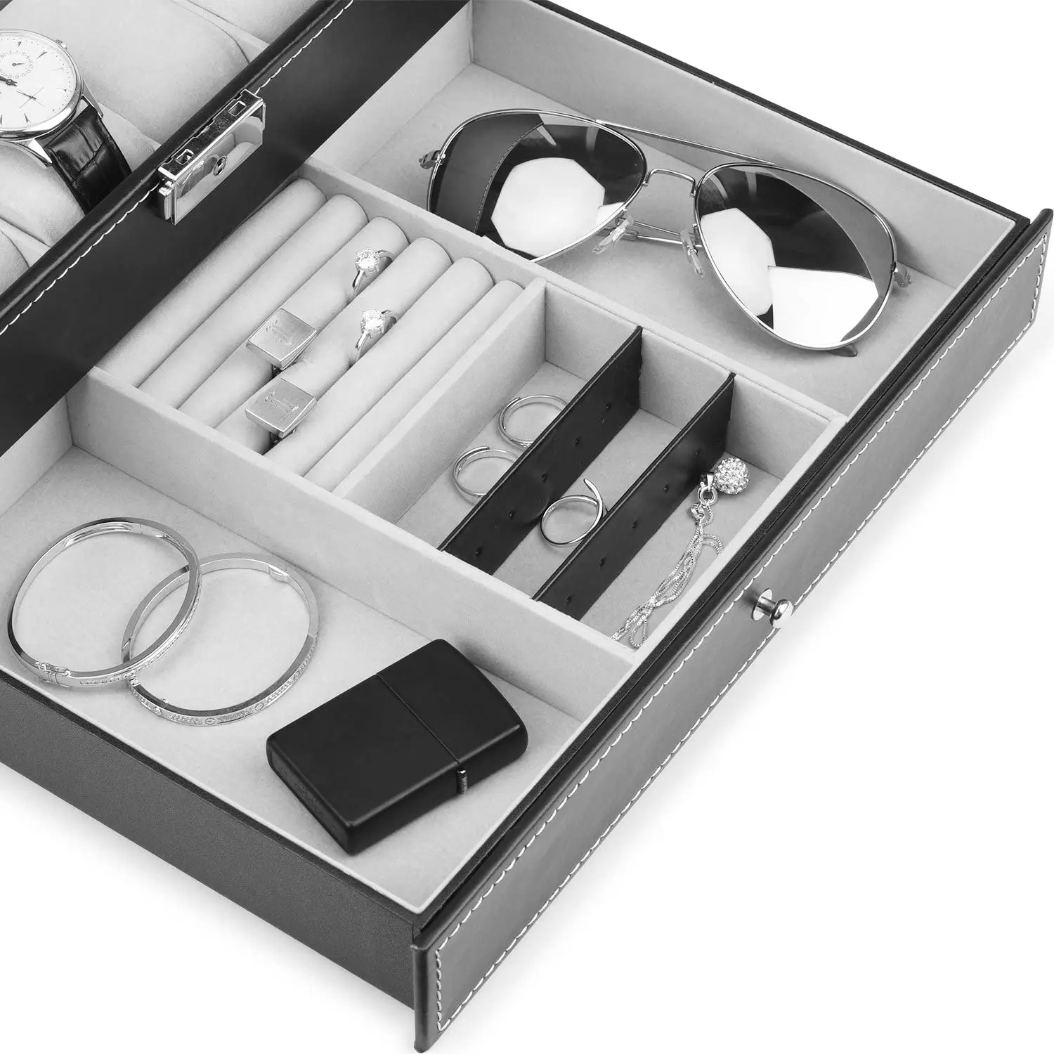 Watch Box Mens 12 Slots PU Leather Watch Case Organizer Jewelry Display Drawer Glass Top with Lock Black