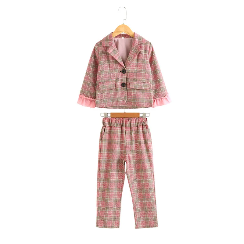 Clothes For Girls Plaid Blazer& Pants Suit For Girls Party Turn Down Collar Girls Sets Autumn Fashion Kid Clothing For Girls