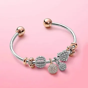 

2020 New S925 Sterling Silver Hollow-out Heart Set Ball Pendant Open Bracelet For Women Wedding Party Gift Fashion Jewelry