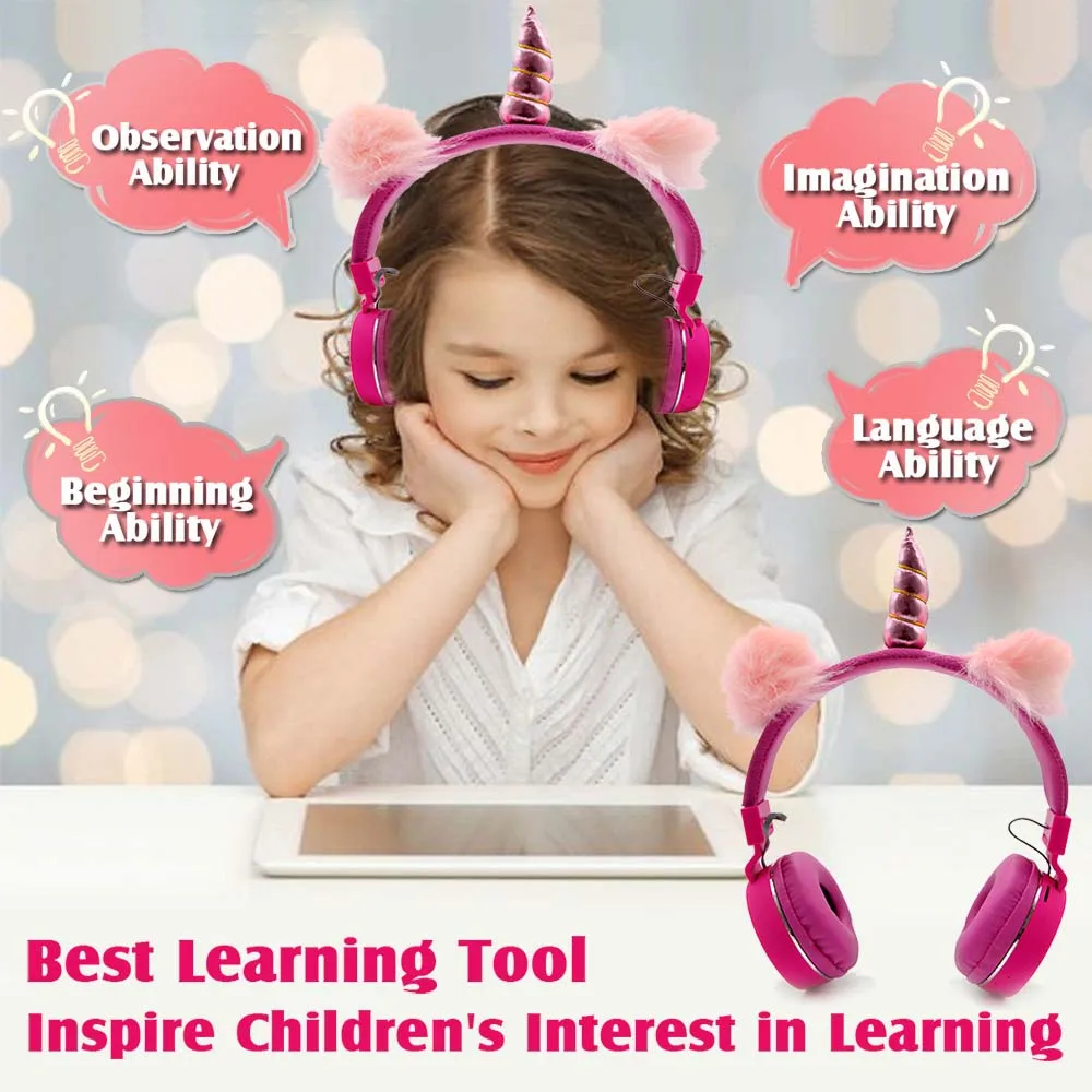 JINSERTA Unicorns Earphone Stereo Bluetooth Kids Headphones FM Radio With Mic Support Handsfree TF Card AUX