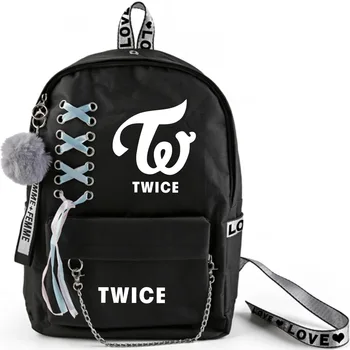 

Kpop TWICE Backpack Large Capacity School Bags with Crossed Ribbon Plush Ball Pendant K-pop Mina Momo Tzuyu Ji Hyo Travel Bags