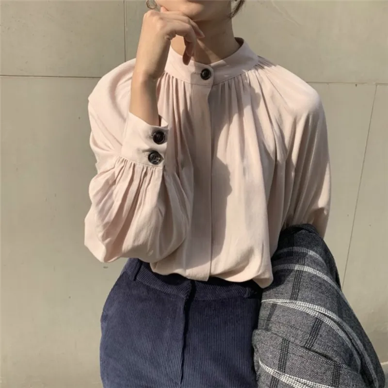 Women Spring Vintage Long Sleeve Stand Collar Blouse Single Button Elegant Short Shirt Lantern Sleeve Folds Tops Women Spring Vintage Long Sleeve Stand Collar Blouse Single Button Elegant Short Shirt Lantern Sleeve Folds Tops
