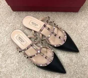 

brand women sandals V rivet slippers women's summer semi Baotou sandals fashion sandals women's pointed flat bottom leather
