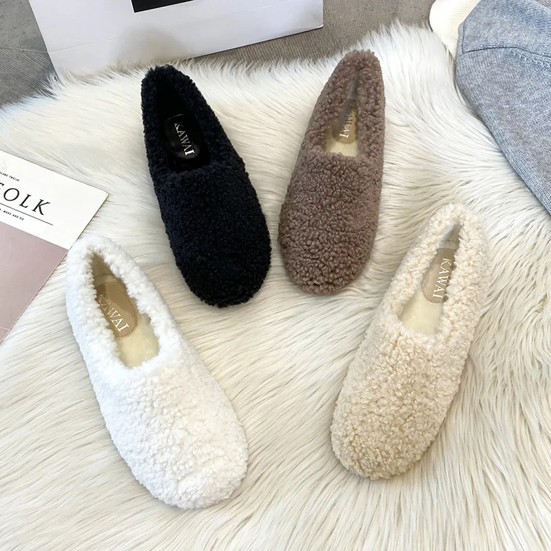 Lambwool Moccasins Femme Winter Cotton Shoes Women Warm Plush Loafers Comfy Curly Sheep Fur Flats Woman Large Size 40-43 women shoes