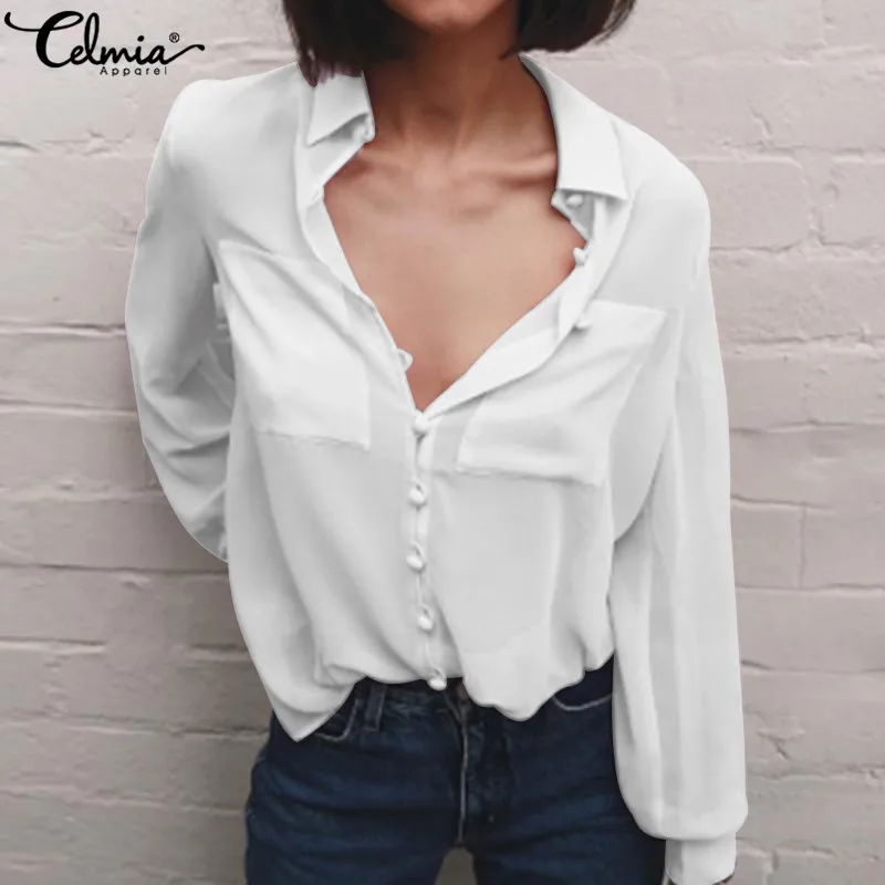 

Celmia 2019 Fashion Women Long Sleeve Casual Tops and Blouses Elegant Chiffon Shirts Loose Ladies Work Blusas Femininas S-5XL