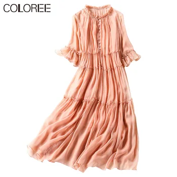 

Pure Silk Dress Women 2020 Elegant Casual Soild Ruffles Half Sleeve Pleated Long Dresses For Women Summer Boho Vestido