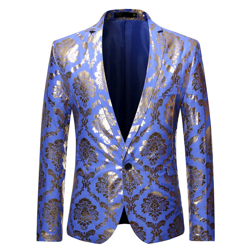 57.1     49.99Men` Blazer Royal Blue Tuxedo Blazer Jacket Men Stylish Gold Print Mens Dress Blazers Slim Fit Party Dinner Blazer Masculino