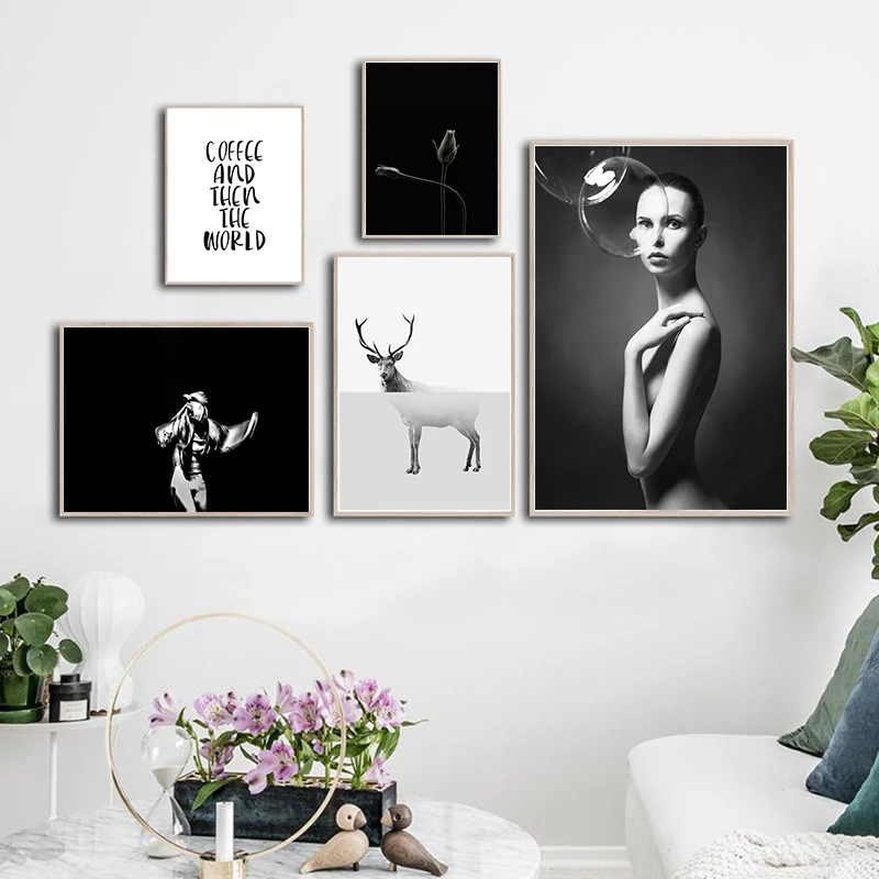 

Woman Flowers Deer Inspirational Quote Canvas Painting Poster Black White Art Print Nordic Decor Wall Picture for Living Room
