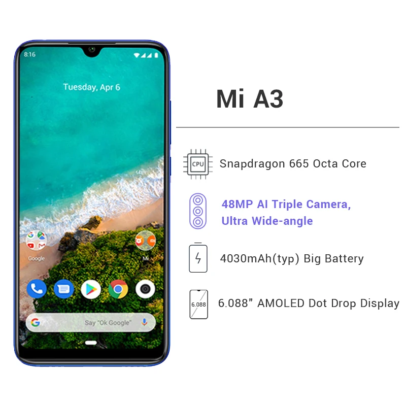 Глобальная версия Xiaomi mi A3 4 Гб 64 Смартфон Snapdragon 665 Восьмиядерный 6 088 &quotAMOLED дисплей