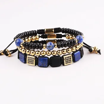New High Quality Natural Square Stone Stainless Steel Gold Beads Friendship Macrame Bracelet Men