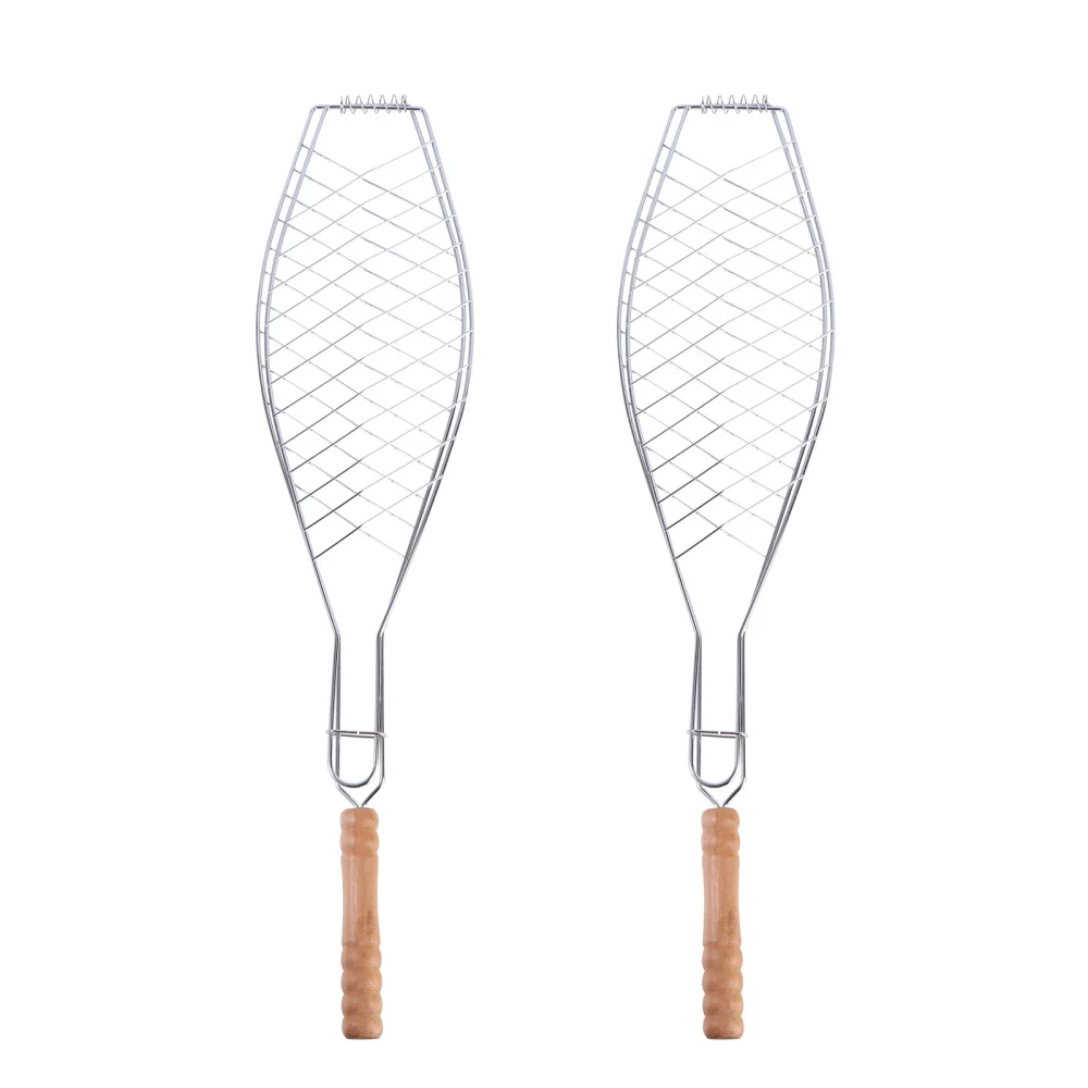 2 Pcs Metal Non-stick Mesh Clip Wooden Handle Grilled Fish Barbecue BBQ Net Outdoor Tool for Camping Picnic (Handl | Дом и сад