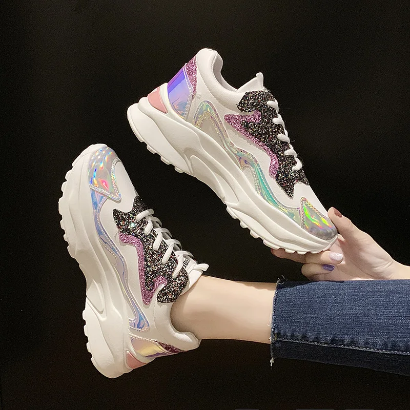 

Women Sneakers Shoes Woman Bling Thick Sole Height Increasing Chunky Platform Vulcanized Ladies Rubber Shoes Zapatos De Mujer