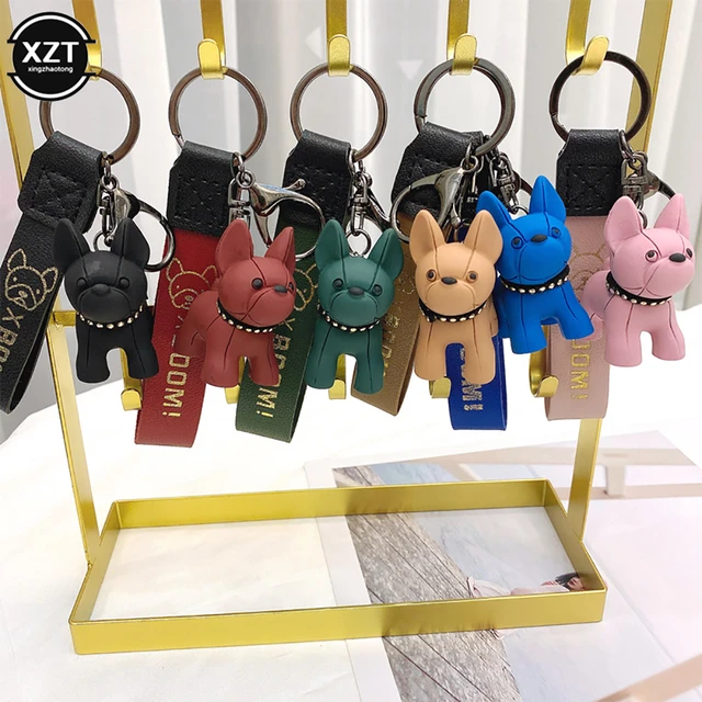 Fashion Punk French Bulldog Keychain PU Leather Dog Keychains for Women Bag  Pendant Jewelry Trinket Men's Car Key Ring Key Chain