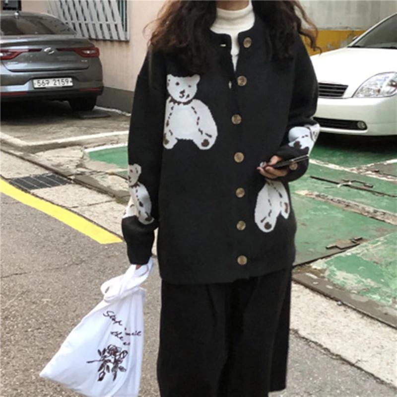 Woherb японский каваи кардиган для женщин милый свитер пальто принт мультяшного медведя корейский трикотаж для девочек милые свободные кардиганы