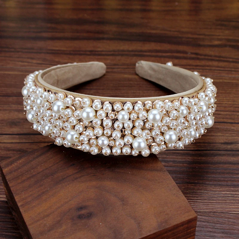 Fasce per capelli da sposa con perle piene fatte a mano per donne Fascia per capelli con perline Accessori per capelli da sposa eleganti per ragazze - immagine 4