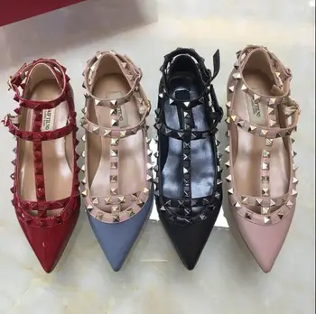 

women brand sandals flat v brand logo Designer women party fashion rivets girls sexy pointed shoes Dance shoes 34-43