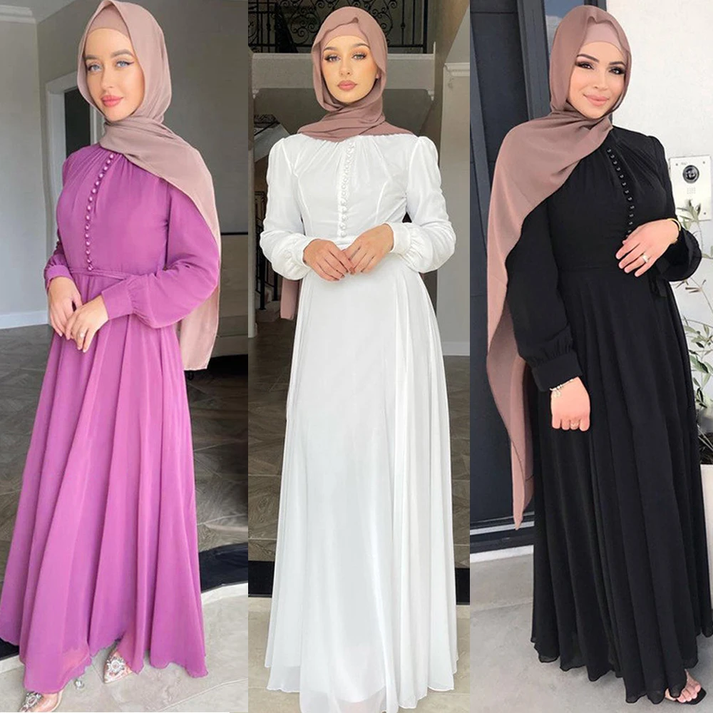 

Fashion Chiffon Muslim Women Long Dress Arabic Abaya Turkish Islamic Maxi Robe Dubai Loose Kaftan Ramadan Beads Gown Middle East