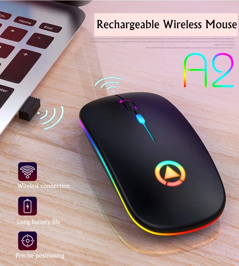 

New 1600DPI Slim Mute Silent Rechargeable 2.4Ghz Wireless Notebook Desktop Mouse Colorful Breathing Lights,Power Saving