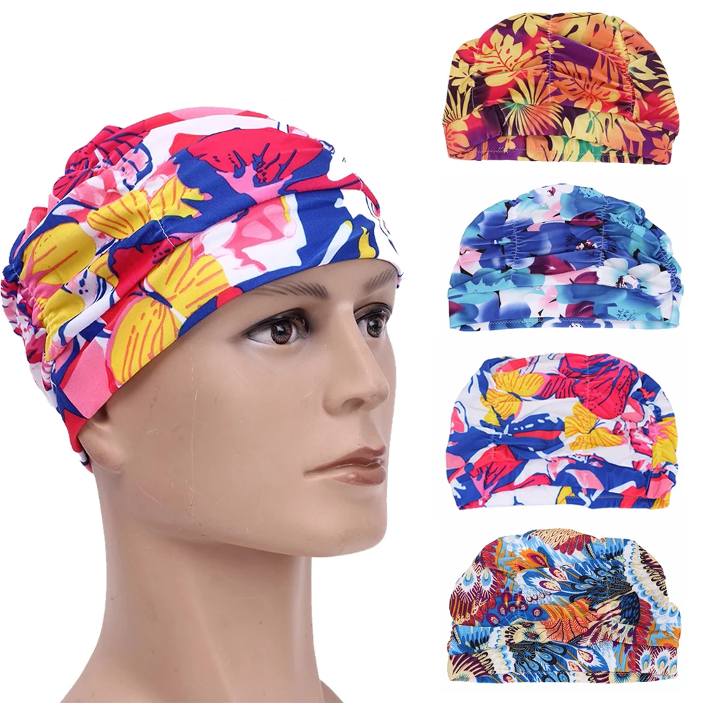 

Portable Swimming Caps Ears Long Hair Protector Caps Hat Elastic Adult Bathing Hat Men Women Prints Fabric Cap for Swimming