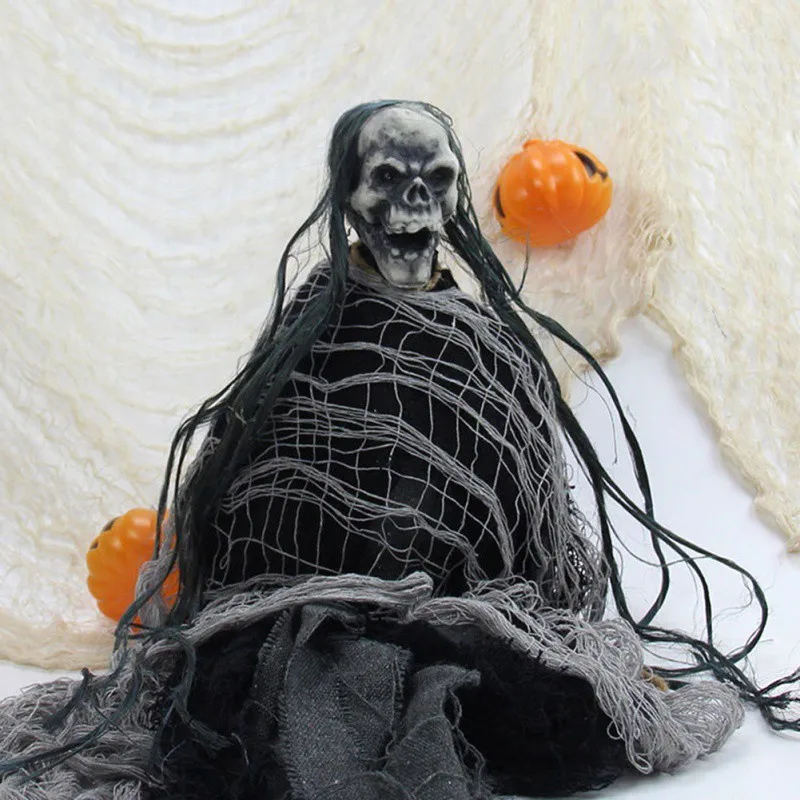 Halloween Gauze Decoration Super-Size Creepy Cloth Gray Black White Party Supplies(without skullcap))