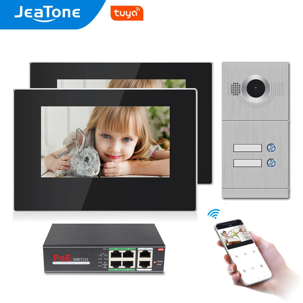 Jeatone 7 Inch WiFi Video Intercom for 2 Apartments Door Access Control System Tuya Smart APP Remote UnlockCall and Monitor