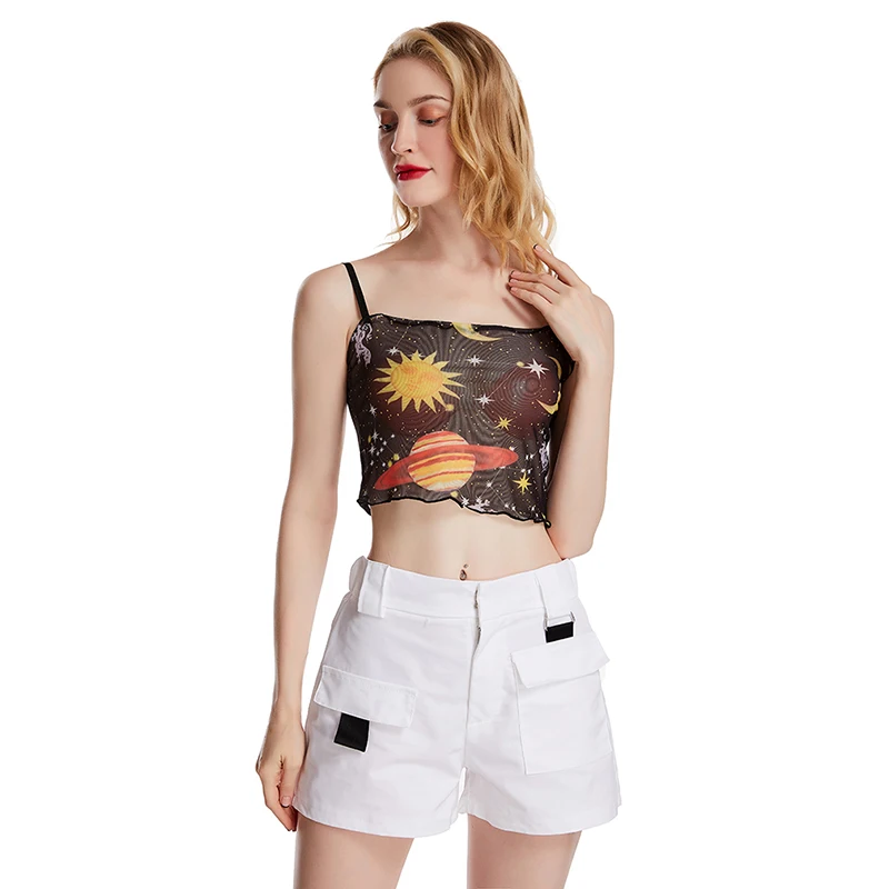 

Sexy Women Tank Printing Strappy Tank Vest Crop Top Summer Beach Party Sleeveless Slash Neck Tanks Woman Ruffles Camis