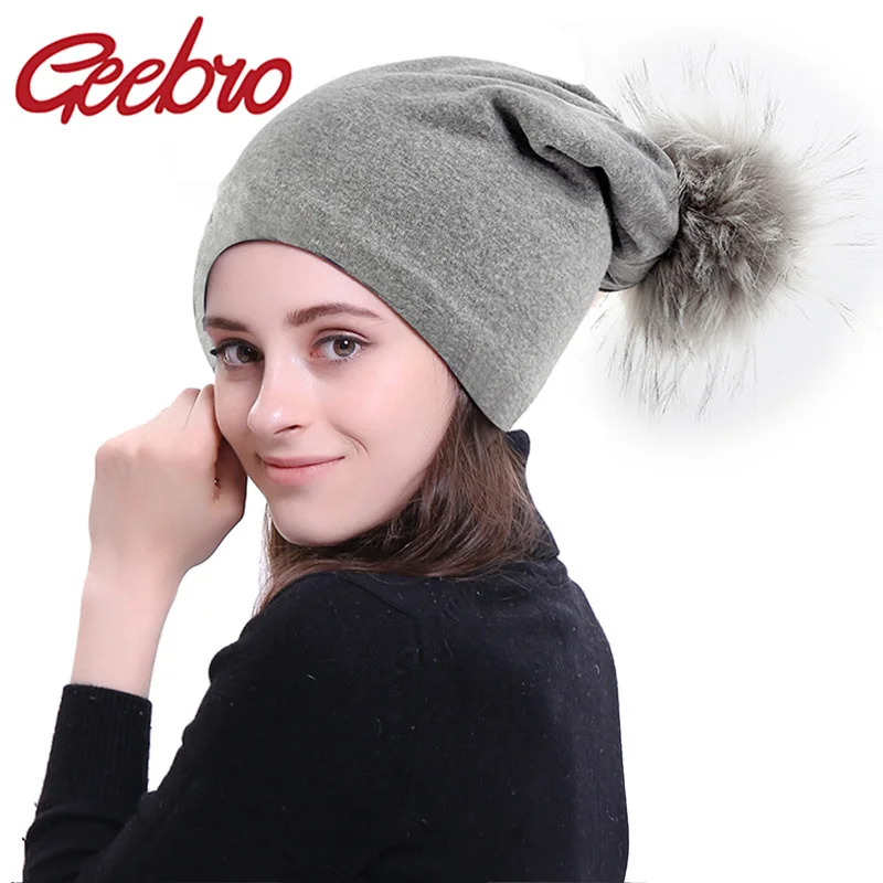 

Geebro Women Fashion Winter Warm Cotton Beanie with 15cm Faux Fur Pompom Soft Slouchy Autumn Hat Men Women Unisex Skull Cap