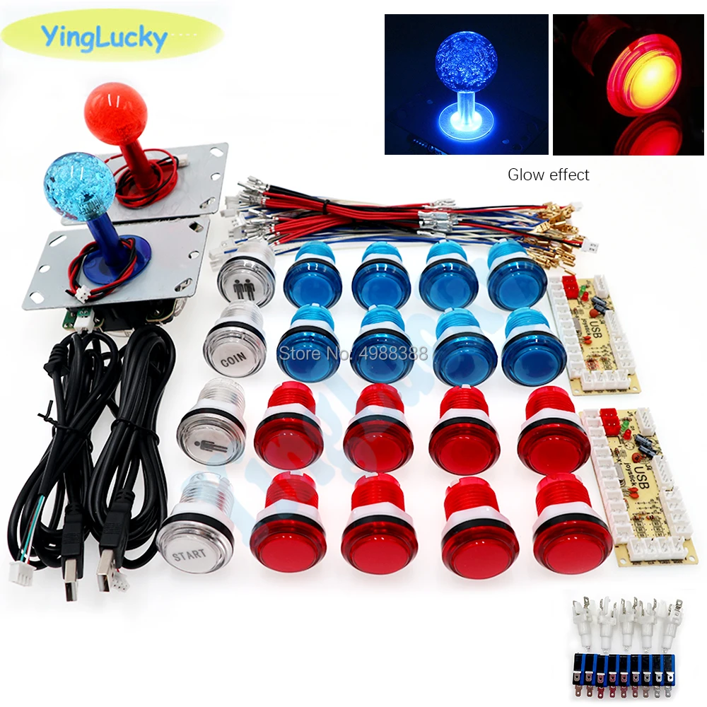 DIY LED Joystick Arcade Kits 2 Players With 20 LED Arcade Buttons + 2 Joysticks + 2 USB Encoder Kit + Cables Arcade Game Parts