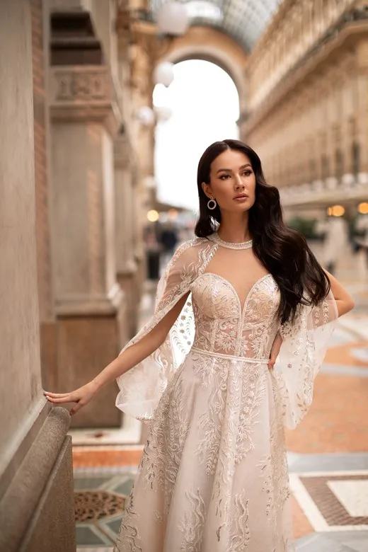 Новейшие свадебные платья с накидкой Рукавом Кружевная Апликация Vestido De Noiva красивые свадебные платья