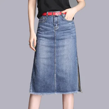 

Female Summer Slim Style in Korean Version A- line Dress Midi-Skirt Denim Skirt 2020 New Fashionable with Side-Slit Denim Skirt