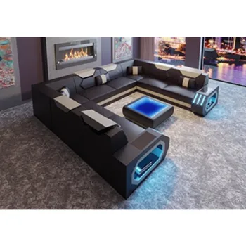 

LED light sectional leather sofa set designs