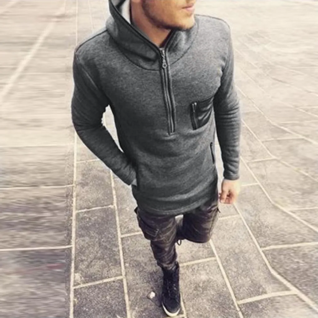 

New Men's Winter Zip up Slim Collar Shoulder Ruched Jacket Tops Long Sleeve Casual Coat Outerwear Fleece jacket 9.20