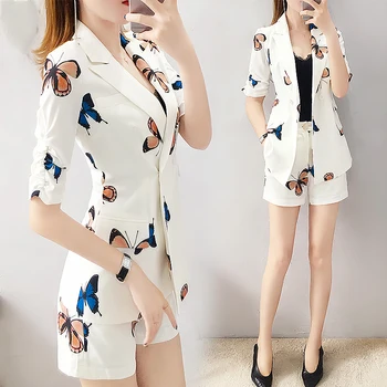 

Fashion Lady Summer Two Piece Set Butterfly Print Short Sleeve Blazer And Printing Short Pants 2 Piece Set Women Clothes SL500