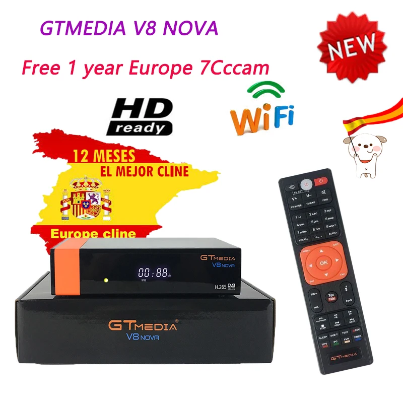 

Stable GTMedia V8 Nova TV Satellite Receiver 1 year free European 7 line cccam support H.265 DC12V/1.51 European Spanish decoder