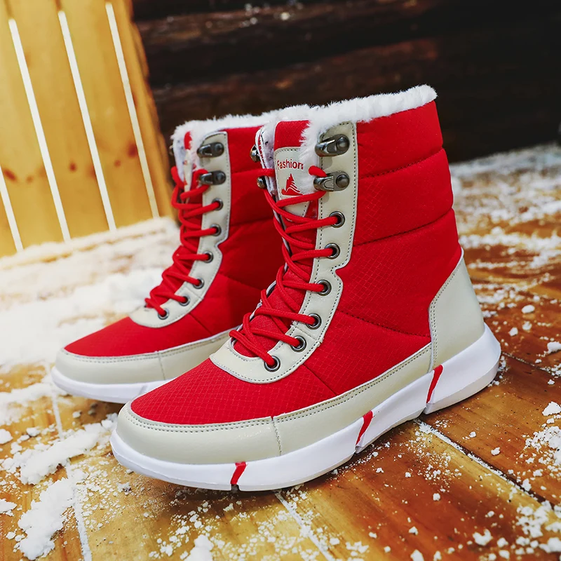 Модные зимние ботинки; большие размеры 36-48; Мужская водонепроницаемая обувь для походов; chaussure homme; теплая Рабочая обувь; унисекс; светильник - Цвет: red-1