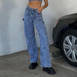 Weiyao inglaterra estilo preppy calças de brim retas mulheres bolsos casual baggy carga calças para meninas 90s meados da cintura streetwear denim calças