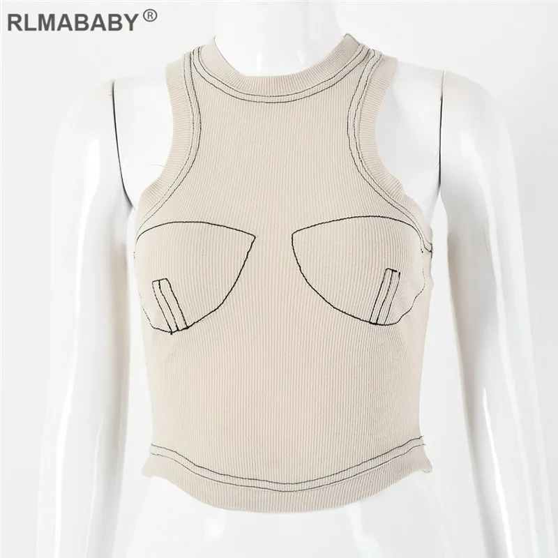 RLMABABY повседневная майка с вышивкой, тонкий круглый вырез без рукавов, с открытой спиной, сексуальное хлопковый топ на бретельках, ребристые женские топы