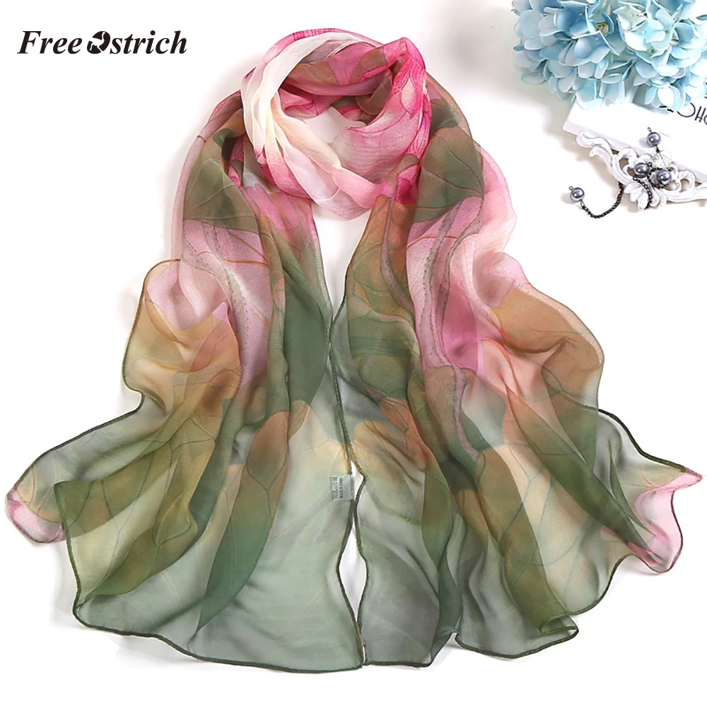 Страусиный шарф для женщин, высокое качество, модный длинный мягкий шарф с принтом лотоса, Женский шифоновый шарф 909