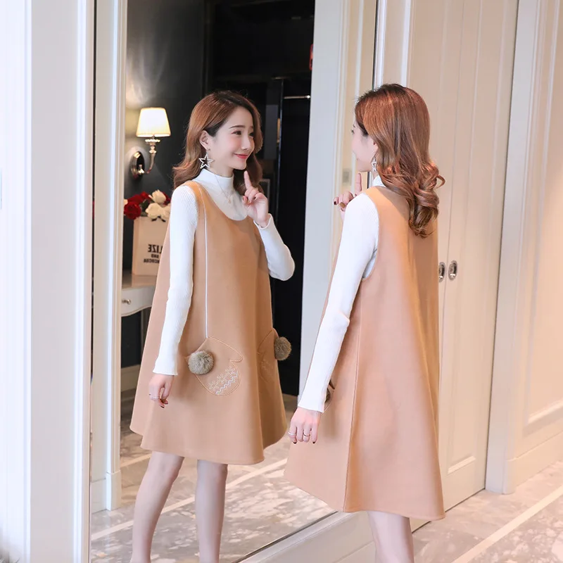 

2018 New Style Tops Loose-Fit Korean-style Woolen Embroidered Vest Skirt And Sweater Two-Piece Set Pregnant Women Dress