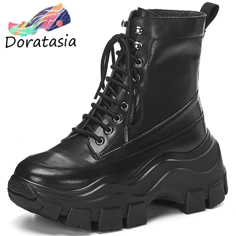 DORATASIA/Новинка; ботинки на высокой платформе для девочек; женские Качественные ботильоны из натуральной кожи; женские красивые черные туфли на танкетке; женская обувь