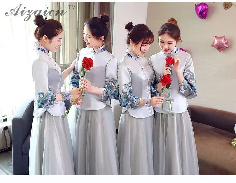 Платья подружки невесты с длинным рукавом Qipao Китайская традиционная Свадебная мода вечернее платье ретро атласный китайский женский