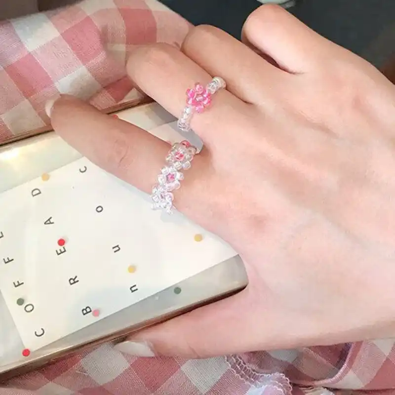 2020 Korean Cute Colorful Small Flower Elastic Transparent Crystal Bead Rings For Women Girls Party Aesthetic Accessorie Jewelry Rings Aliexpress